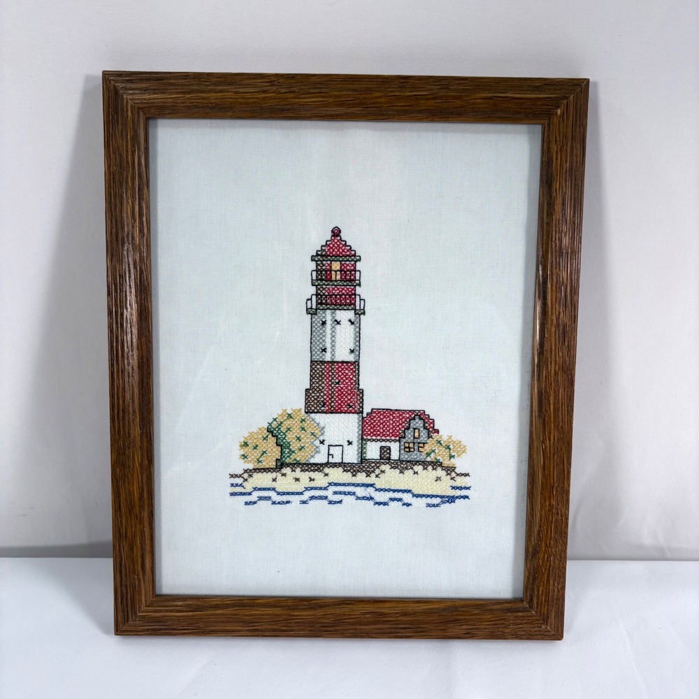 Vintage Handmade Cross Stitch Lighthouse on Linen Framed Nautical Art Decor 8x10